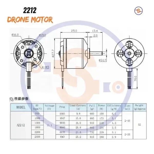 A2212 Brushless Motor for Drone - BLDC Motor Cad Drawing | Technical Drawing 1000Kv 1400Kv 1800Kv 2200Kv Motor