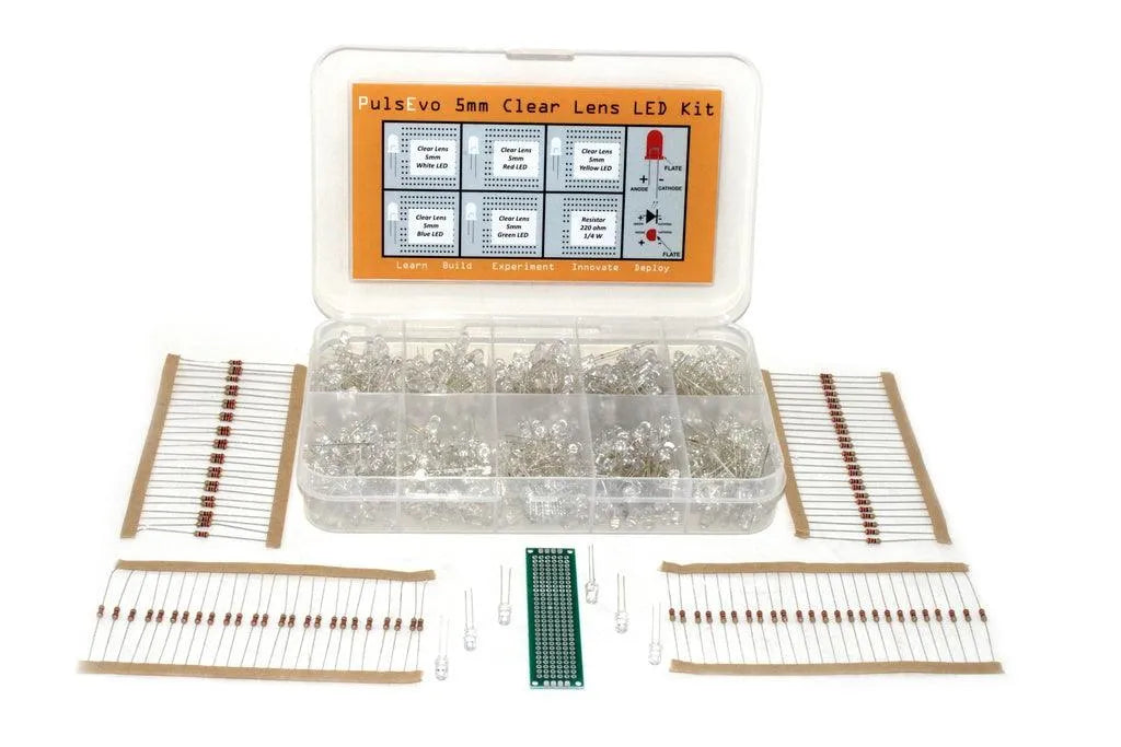 PulsEvo 5mm Clear Lens LED Assortment Kit With Bonus Resistor Pack - 500 pcs