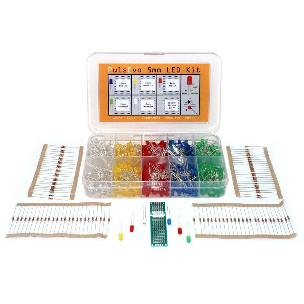 PulsEvo 5mm Diffused LED (500 Pcs) Assortment Kit With Bonus PCB And 220 Ohm Resistors