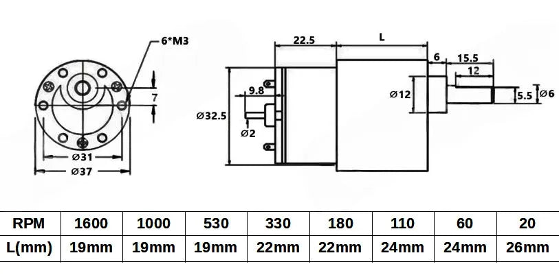 5084 GB37 12V 330RPM 2.2Kgcm DC Geared Motor with Back Shaft dc motor geared motor - SunRobotics | www.sunrobotics.in