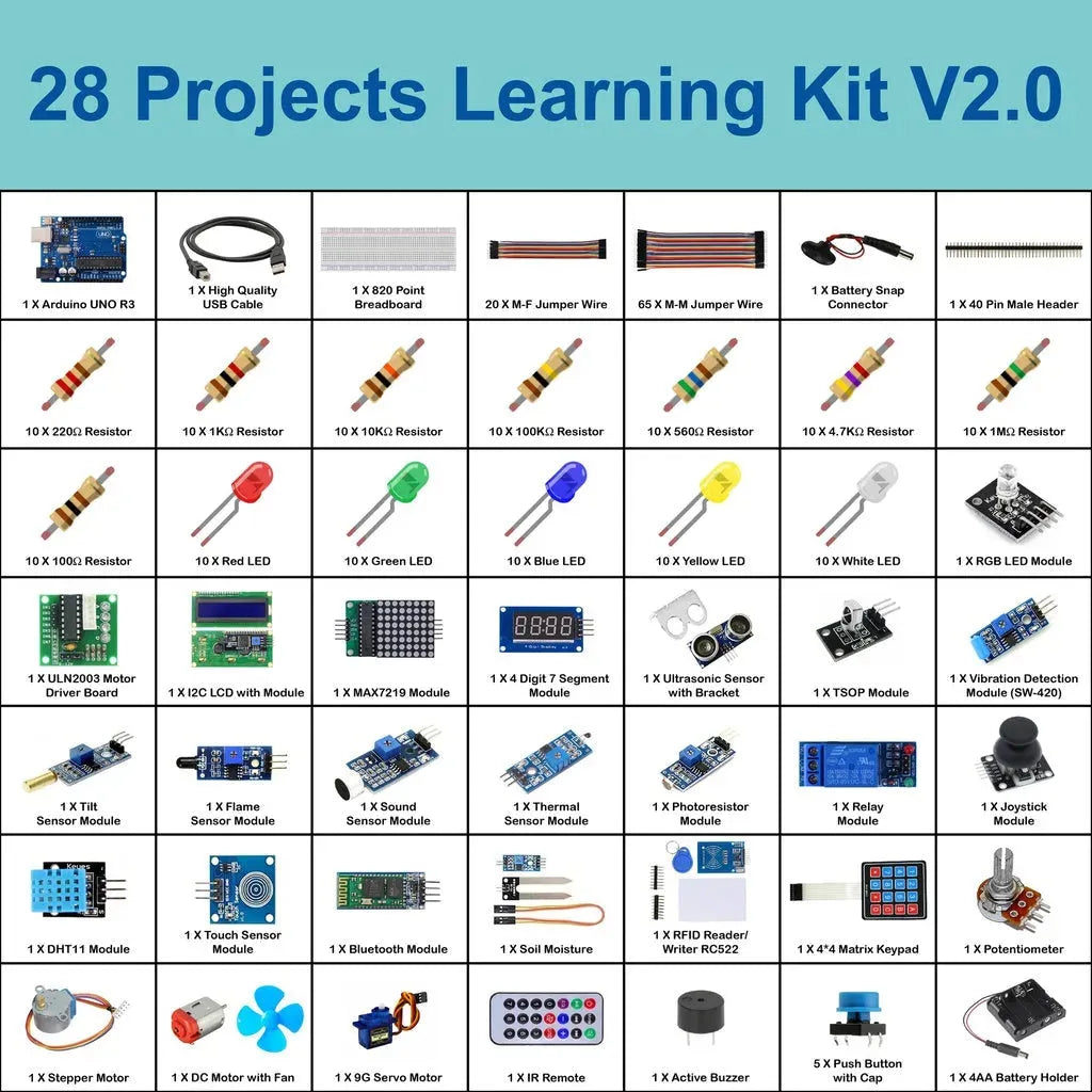 [9158] Arduino Uno 14 Days Challenge 28 Projects Learning Kit Including Tutorials By SunRobotics V2.0 arduino robot kit development board 8051 arduino for beginners - SunRobotics | www.sunrobotics.in