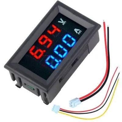 Blue and red digital voltmeter ammeter showing DC voltage and current measurements - SunRobotics
