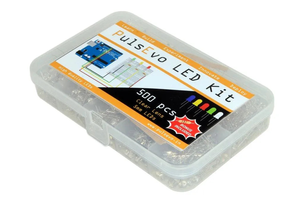 PulsEvo 5mm Clear Lens LED Assortment Kit With Bonus Resistor Pack - 500 pcs