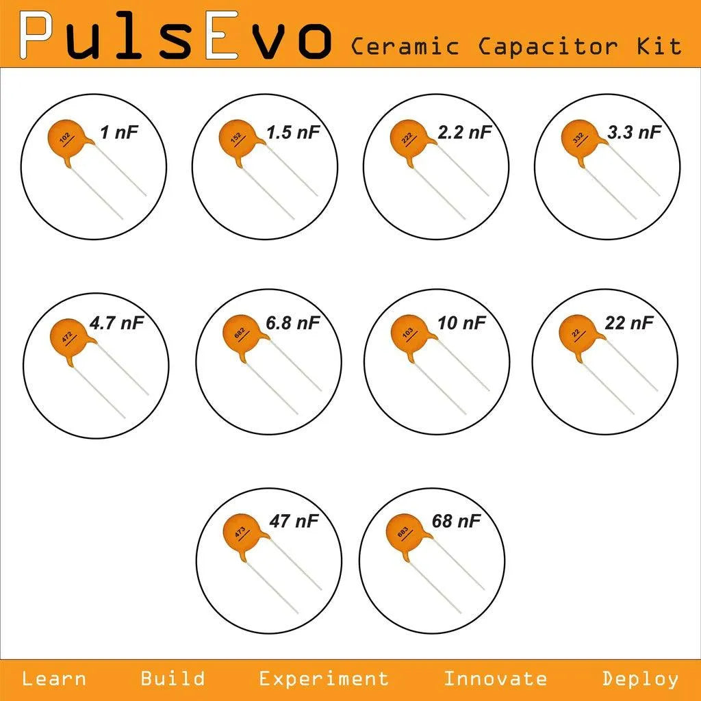 PulsEvo 10 Different Value 1nf to 4.7nf 50V Ceramic Disc Capacitor Assortment Assorted (260pcs)