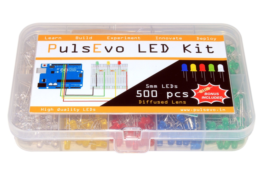 PulsEvo 5mm Diffused LED (500 Pcs) Assortment Kit With Bonus PCB And 220 Ohm Resistors