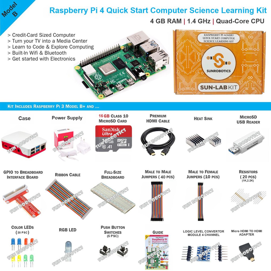 Raspberry Pi 4 (4GB) Quick Start Computer Science Learning Kit by SunRobotics