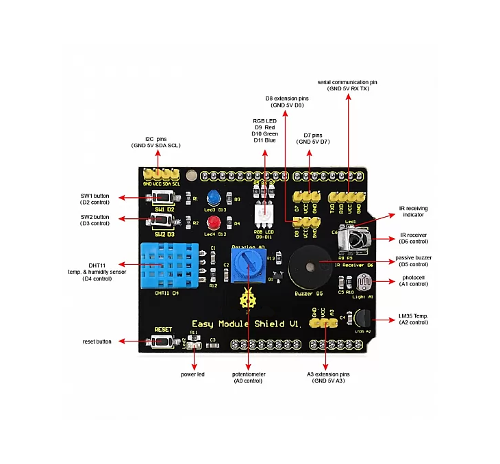 Arduino Multipurpose / Multifunctions Shield V1 with with DHT11/LM35/Buzzer/Humidity/IR Receiver/Potentiometer/LED/Switch/LDR