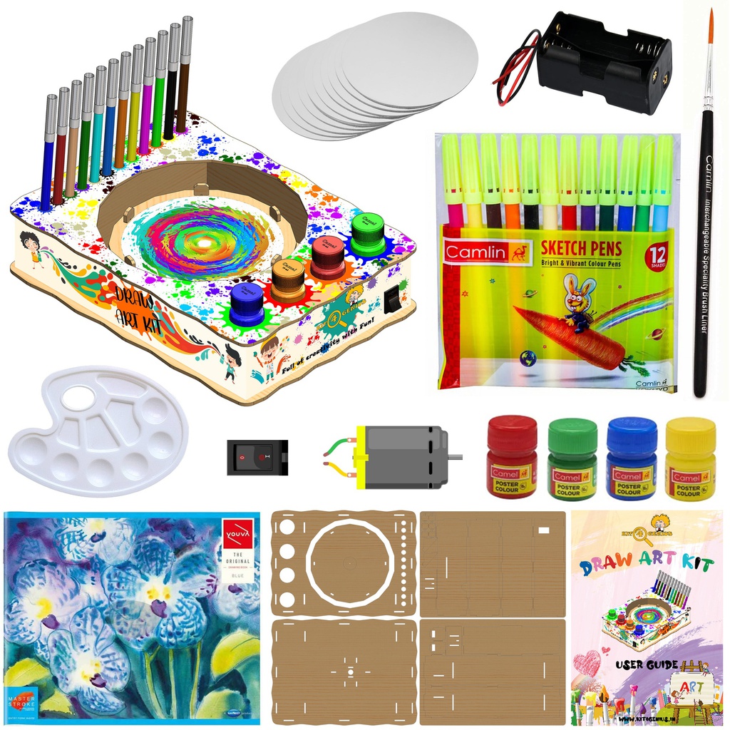 Kit4Genius Draw Art DIY Kit Spinning Paint Art Kit - Motorized Spinning Painting - Finger tip Color Painting 25+ Painting Ideations Science | Technology | Engineering | Arts (STEM Kits)