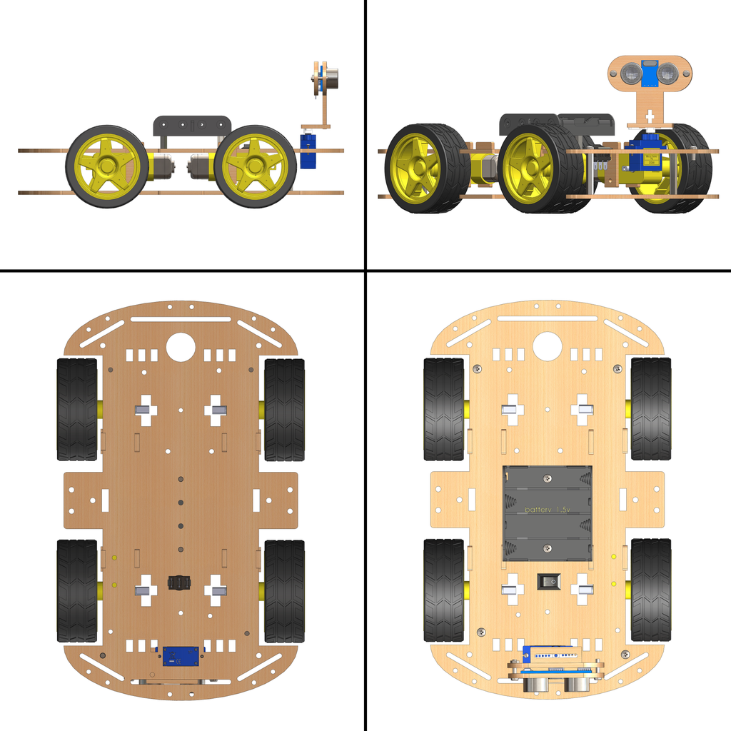 4WD ROBOTICS CHASSIS WITH MOTORS WHEELS AND ACCESSORIES V2.0 - MDF WOOD