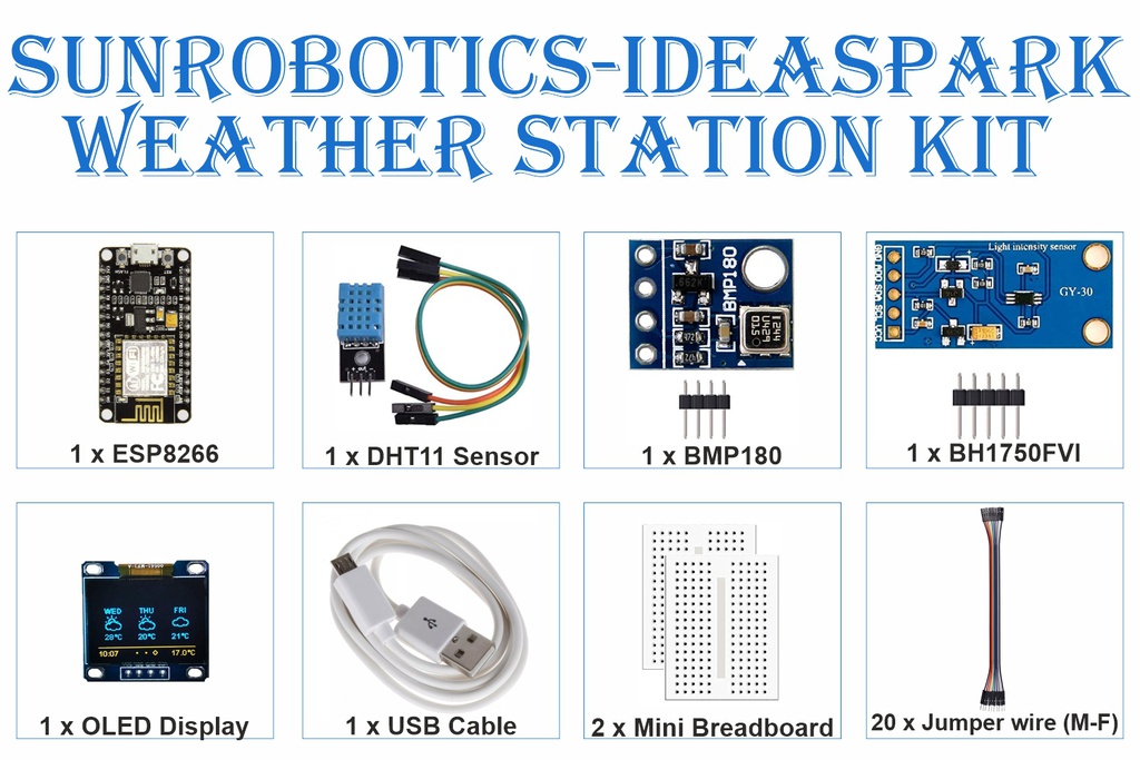 ESP8266 weather station kit with DHT11 temperature humidity,BMP180 atmospheric pressure,BH1750 fvi light sensor, 0.96&quot; oled iic display by SunRobotics