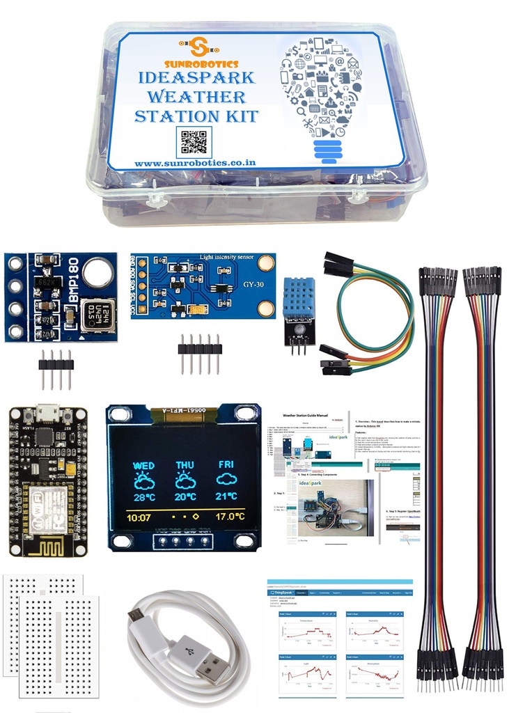 ESP8266 weather station kit with DHT11 temperature humidity,BMP180 atmospheric pressure,BH1750 fvi light sensor, 0.96&quot; oled iic display by SunRobotics