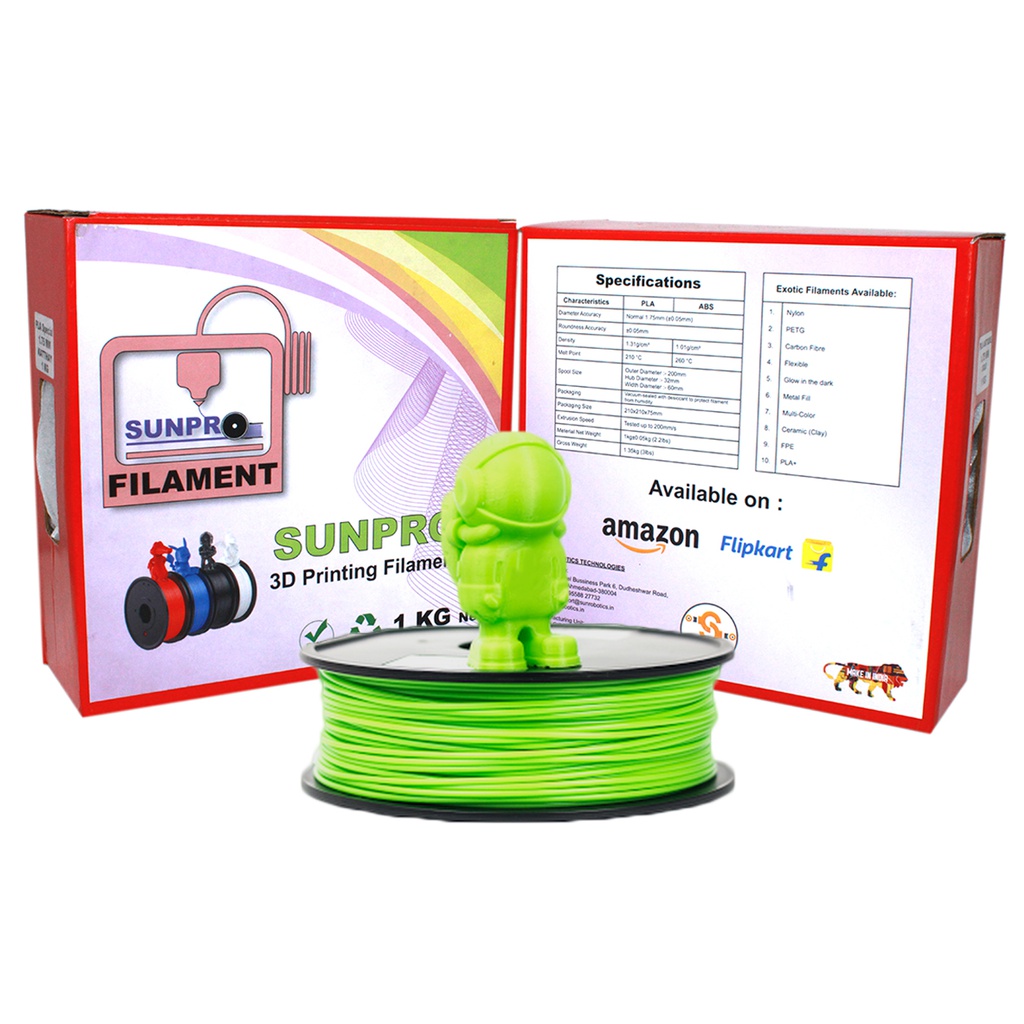 SunPro Premium Quality  3D Printer Filaments 1.75mm  PLA+ Net Weight 1 Kg (PLA+, GREEN )