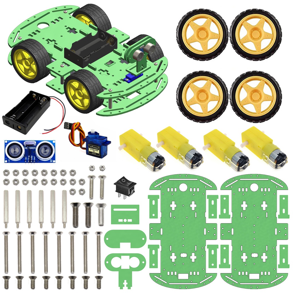 4WD Robotics Chassis including Motors, Wheels &amp; 18650 Battery Holder V2.0 (GREEN)