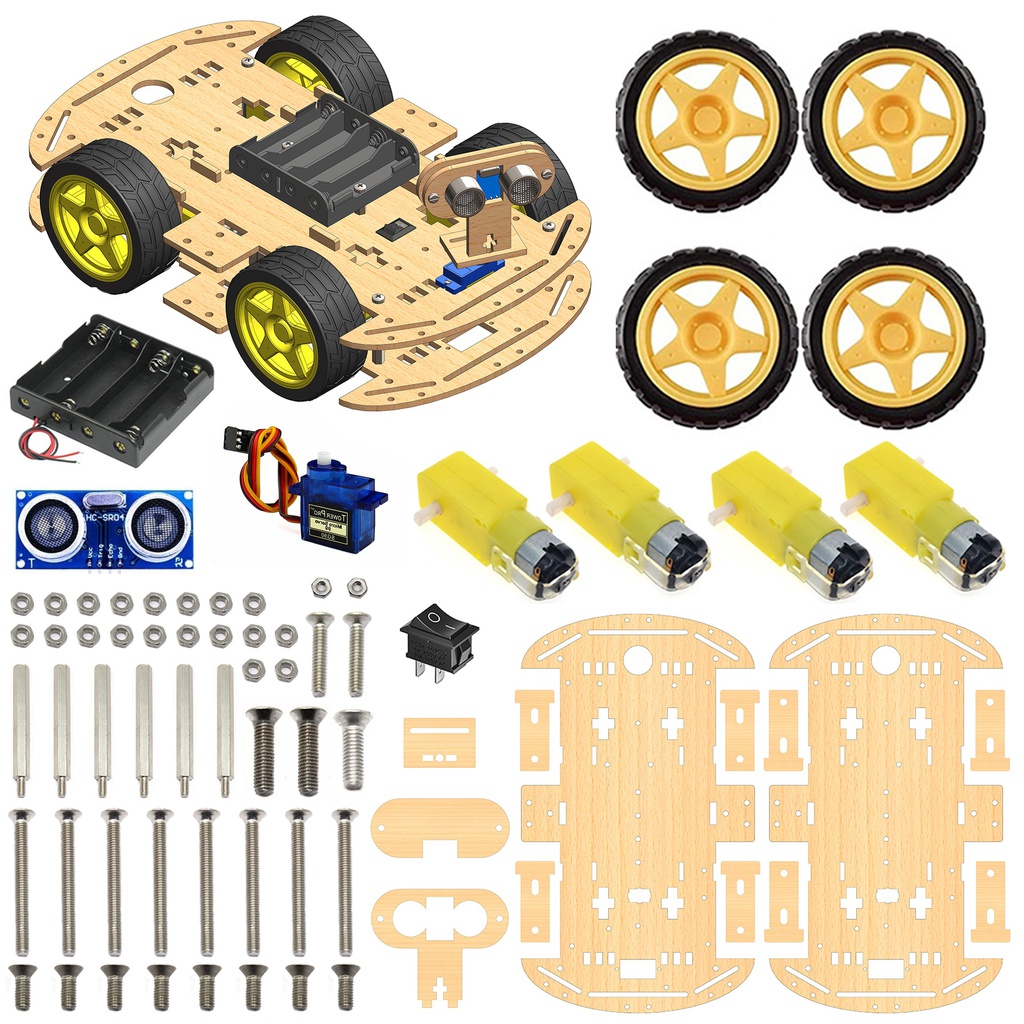 4WD Robotics chassis with motor wheels and accessories V2.0 - MDF Wood