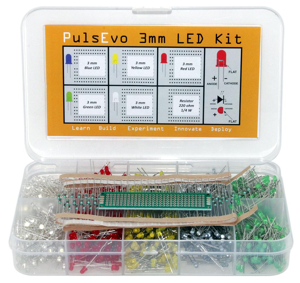 PulsEvo 3mm Diffused LED(1000 Pcs) Assortment Kit With Bonus PCB And 220 Ohm Resistors
