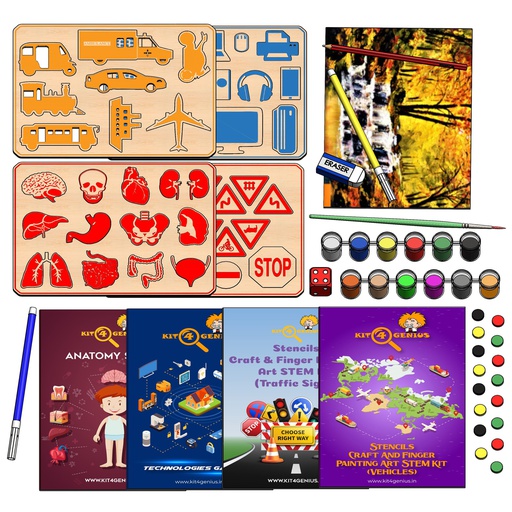 [9098] Kit4Genius Stencils Craft &amp; Finger Painting Art Drawing Study Stencil STEM Kit (4 in 1) | Study Vehicles | Study Traffic Signals Sign | Study Human Body | Study Technologies Gadgets for Kids